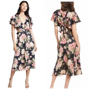 Divine Heritage Floral Cutout V Neck Tie Keyhole Back Flutter Sleeve Midi Dress